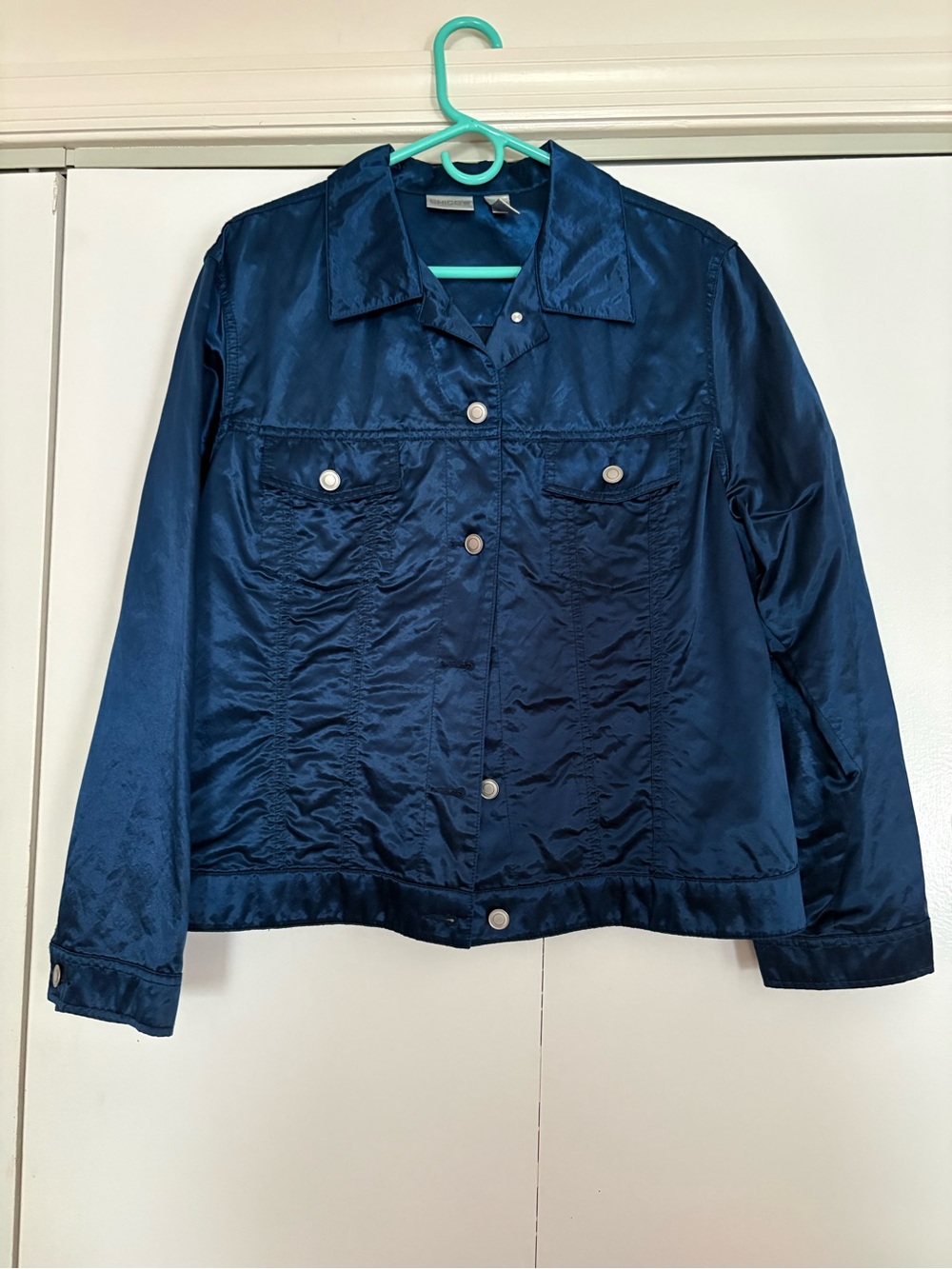 Chico's Shiny Navy Blue Button-Front Jacket